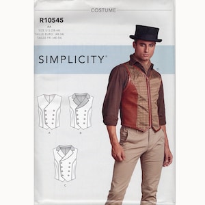 Simplicity #R10545 Mens Vest Sewing Pattern/ Costume/ Double Breasted/ Zip/ Laced back/ Size 38-44