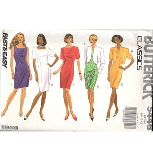 May include: A sewing pattern for a dress with a jacket. The pattern includes four different styles of dresses: a purple dress, a white dress, a red dress, and a green dress. The pattern is for sizes 6-8-10-12.