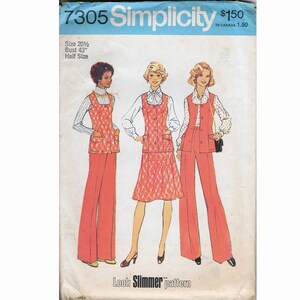 May include: A vintage Simplicity sewing pattern for a three-piece outfit. The pattern is for a skirt, pants, and a vest. The pattern is for size 20 1/2, bust 43 inches, and is a half size. The pattern is called "Look Slimmer" and is from the 1970s.