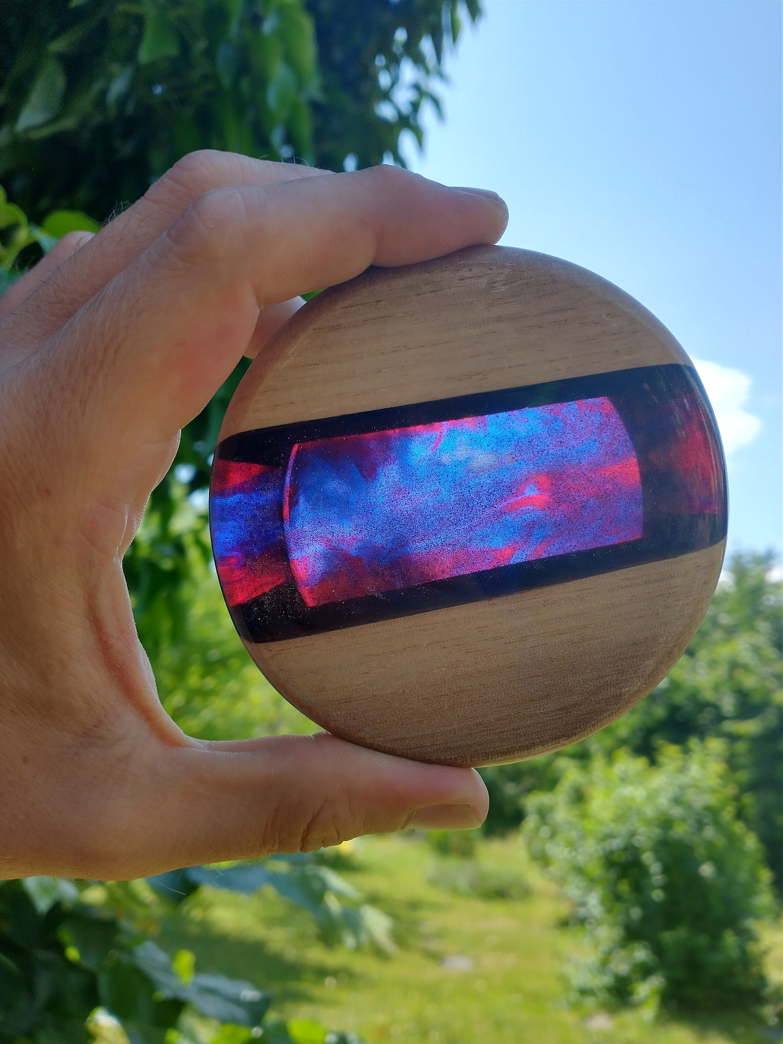 Disc golf mini marker walnut and red / blue metalflake resin Etsy