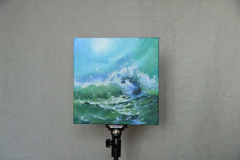 Blue Acrylic Original  7,9 x 7,9 on Canvas by Victoria Kart Moon Wave Landscape Ocean Painting Art