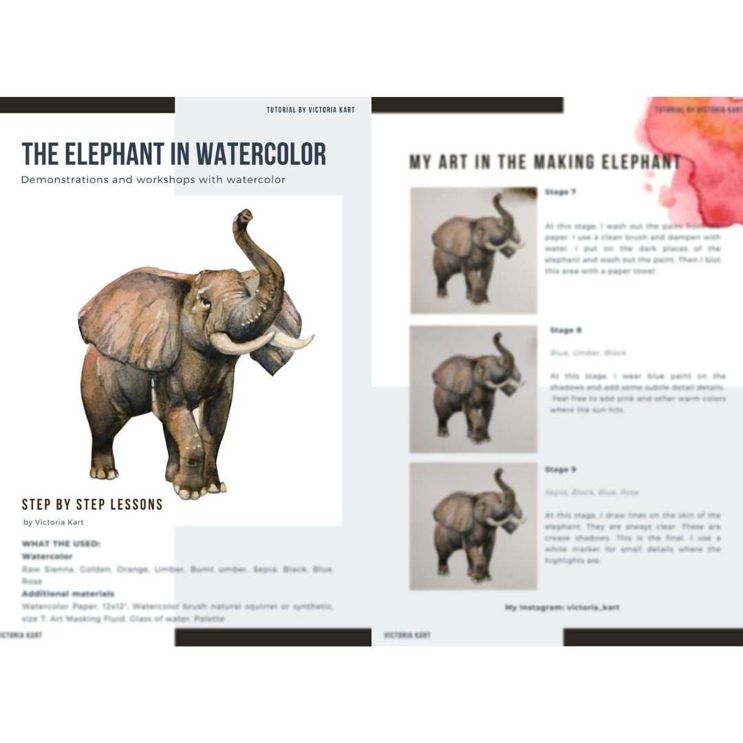 Elephant Drawing Lasson How Pain Elephant in Watercolor - Etsy Elephant Drawing Lasson How Pain Elephant in Watercolor - Etsy