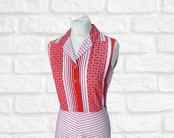 Vintage 70s Midi Dress | Geometric & Striped Design | Red and White Summer Dress . Double Collared |Cotton Blend. Approx UK size 8-10