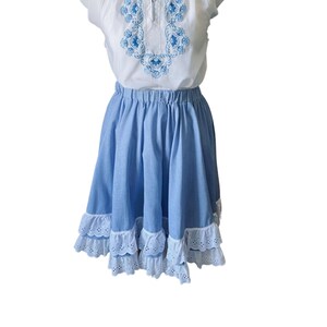 Blue cotton 80s prairie skirt with double white ruffle at the hem . Made by Jeri Bee. Approx UK size 6-10 image 2