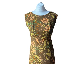 Vintage Floral Print Mini Dress . 60s Sleeveless Scooter Dress. Brown Orange Peach Green Botanical Pattern. Approx UK size 8-10