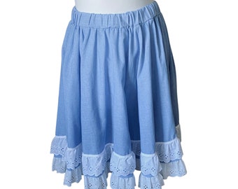 Blue cotton 80s prairie skirt with double white ruffle at the hem . Made by Jeri Bee. Approx UK size 6-10