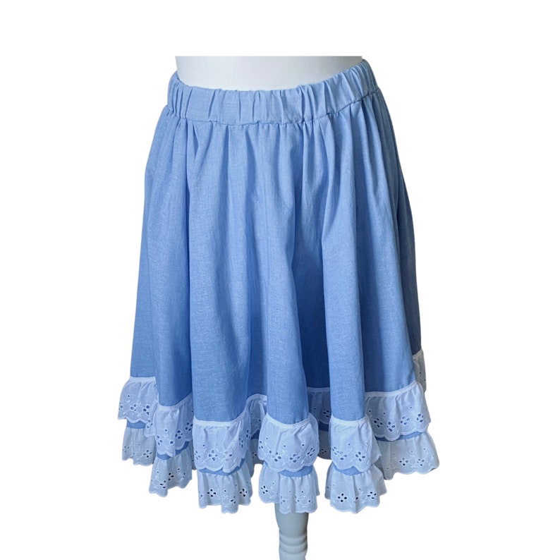 Blue cotton 80s prairie skirt with double white ruffle at the hem . Made by Jeri Bee. Approx UK size 6-10 image 1