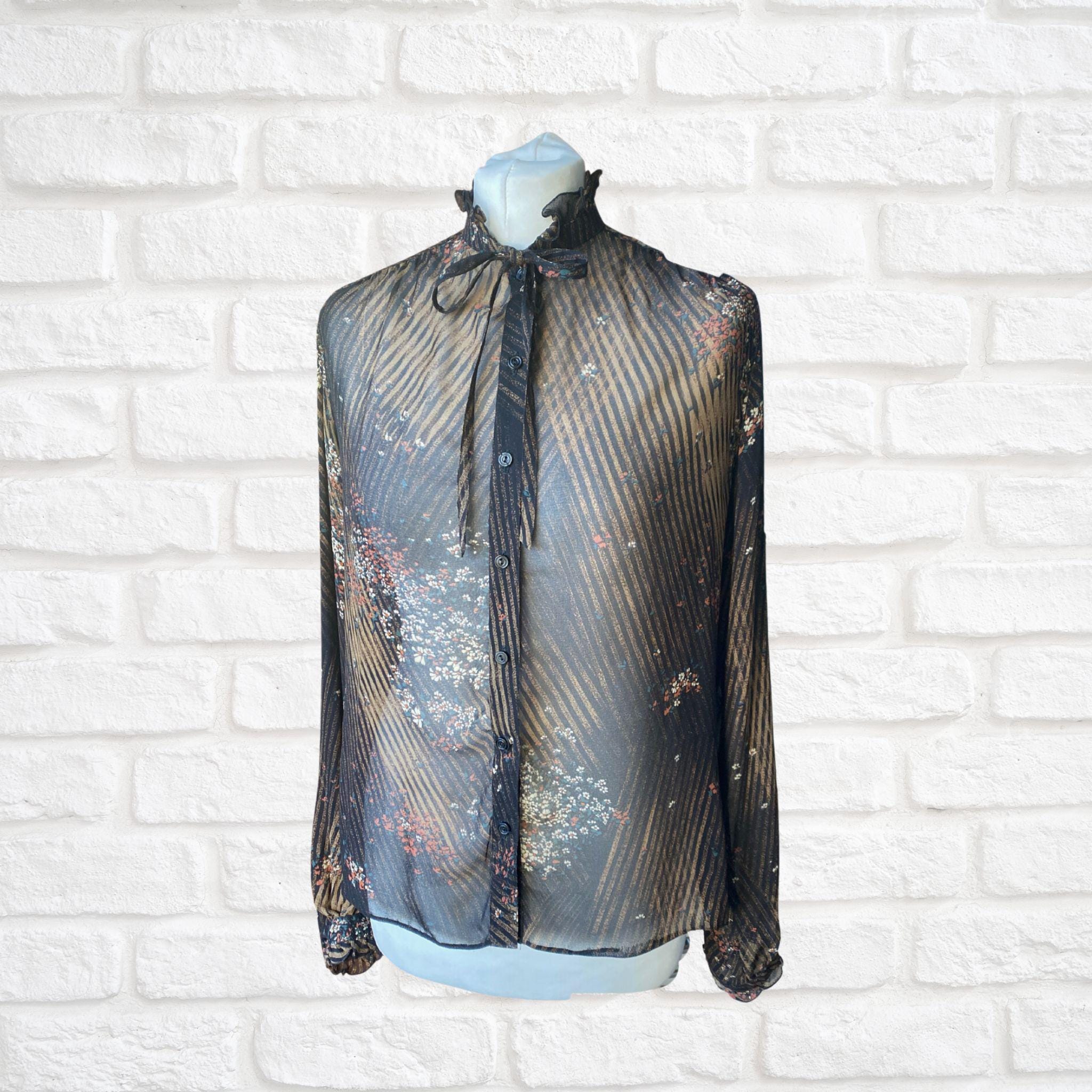 80s womens high neck ruffled shirt - Etsy 日本