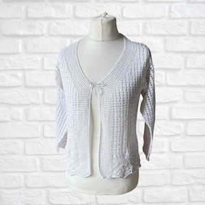 Vintage Crochet Cardigan | White | Long Sleeved | V Neck | Floral Design | Lightweight Summer Knit| Tie Front |Approx U.K. size 10-12