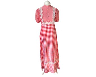 Gingham maxi dress. 70s cotton vintage prairie dress with high ruffle neck and puffed sleeves . Approx U.K. size 8