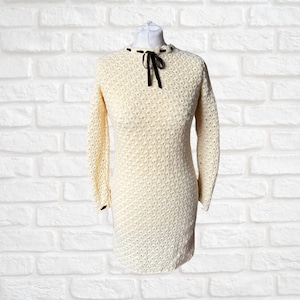 Vintage 60s Crochet Mini Dress | Cream Wool Fitted Dress | Long Sleeve Round Neck Dress With Brown Ribbon Trim | Approx UK size 6-8