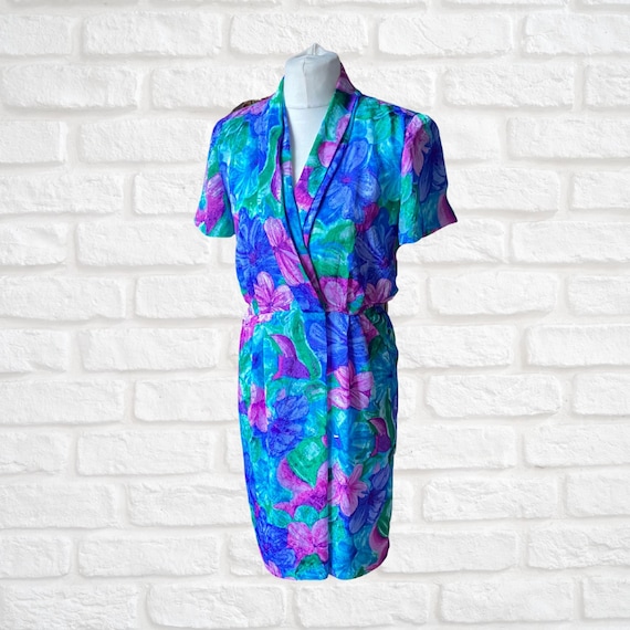 80s Wrap Style Dress. Silky Pink, Green and Blue Floral Print Vintage Dress.  Approx U. K. Size 12-14 - Etsy
