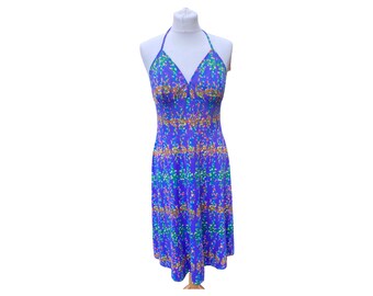 70s vintage halter neck sundress dress in bright rainbow abstract print. Approx U.K. size 10-12