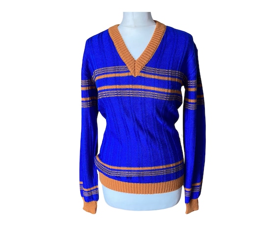 Vintage v neck jumper. Blue ribbed sweater with m… - image 1