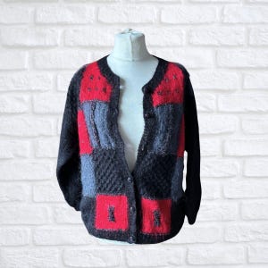 Vintage 80s Red, Grey and Silver Fluffy Mohair Blend Multi Textured Cardigan . Approx U.K. size 14-16