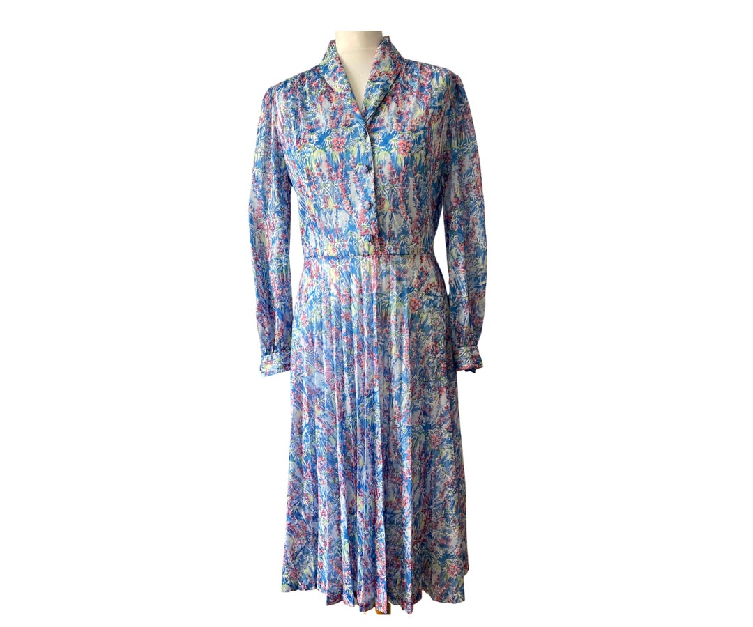 Stunning 70s Does 40s French Vintage Blue Floral Midi Dress . - Etsy UK