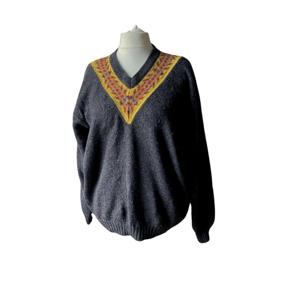Vintage Dark Charcoal Wool Jumper with Folk Style V-Neck Detail
