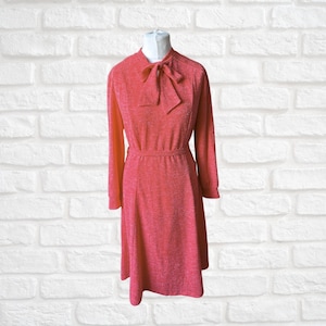 80s Vintage Coral Pink Dress | Secretary Style Midi Dress | Bow Neckline | Long Sleeved | Belted Dress | Retro Fashion Approx UK size 16-18