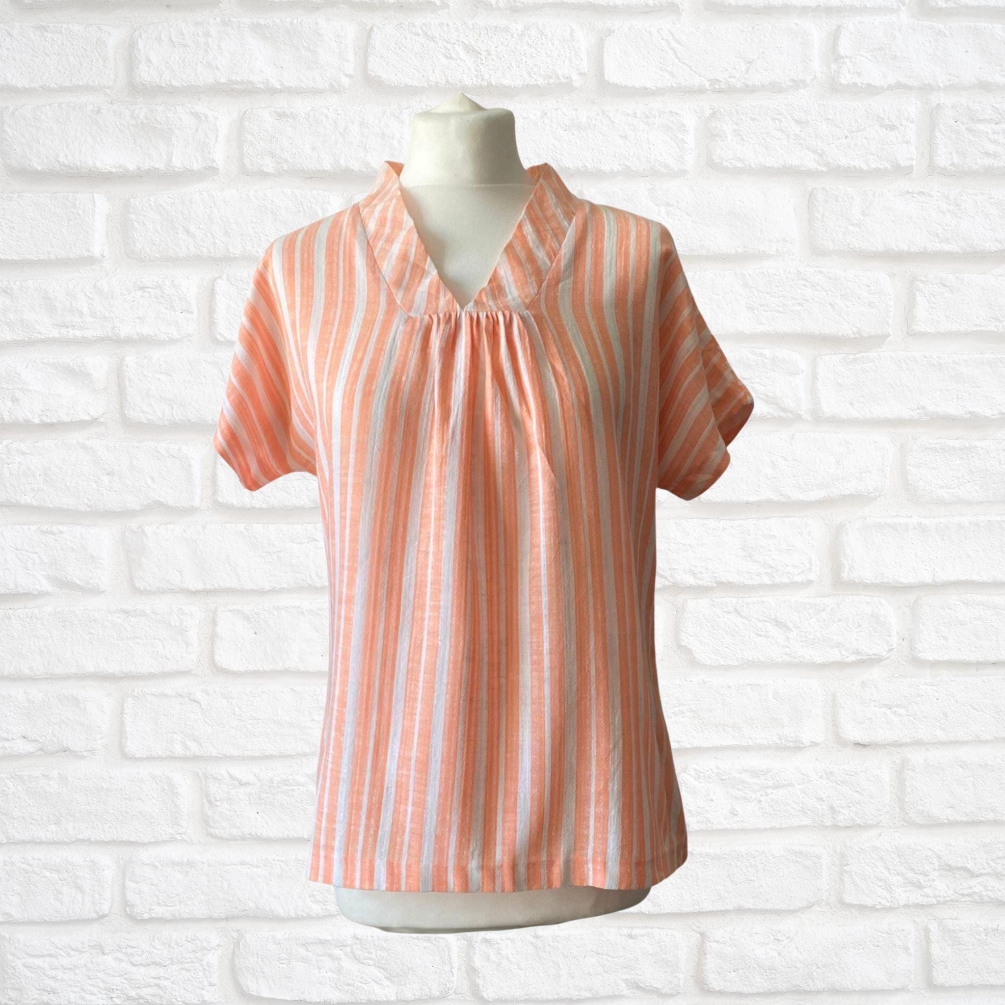 60s Striped Top. Lightweight Peach and White V Neck Vintage Shirt