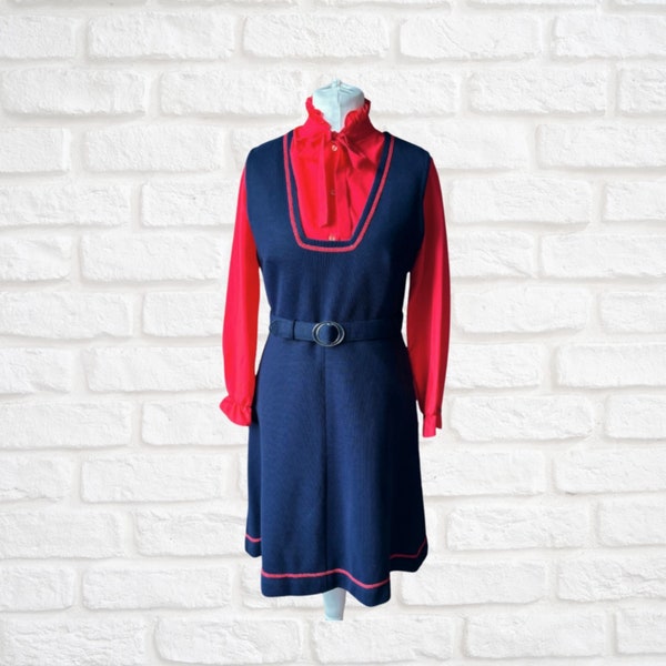 Vintage 60s Navy Blue & Red Pinafore Dress with Belt. Square Neckline with Brocade Trim. Perfect for Layering. Approx UK size 12-14