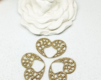 Exquisite Brass Filigree Heart Charms Set of 3 Intricate Openwork Scroll Design | Gold-Tone Metal Pendants for Jewelry MakingDIY Earring