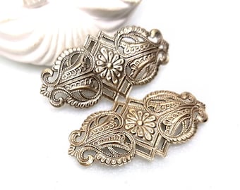 Art Nouveau Floral Stampings • Large Brass Connectors for Hair Combs • Vintage Style Box Hardware • High Relief Decor • Set of 2