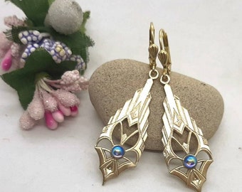 Dangle drop brass Art Deco earrings with small Czech cabochon  Light Sapphire AB earrings with stone