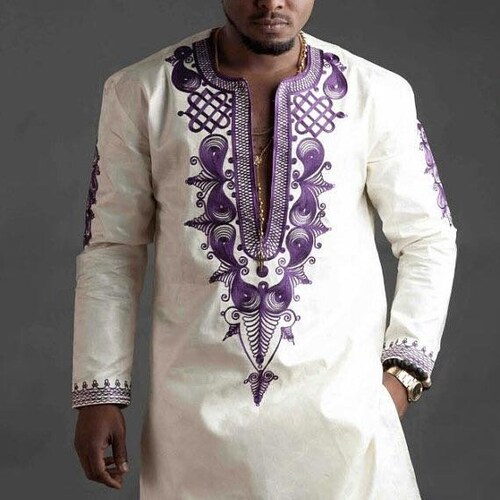 White and Purple African Men Clothing 