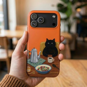 May include: Orange phone case featuring a black cat sitting at a table with a teapot, bowl of food, and a cup of coffee. The cat has large, round eyes. The background is a warm orange color.