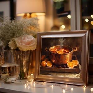 May include: A framed painting depicts a copper pot filled with orange slices simmering over a heat source. The painting is in a gold frame, and is surrounded by oranges. A vase of flowers and a glass of liquid are in the foreground.