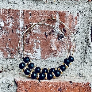 6mm Black Wooden Bead Gold Hoop Earrings