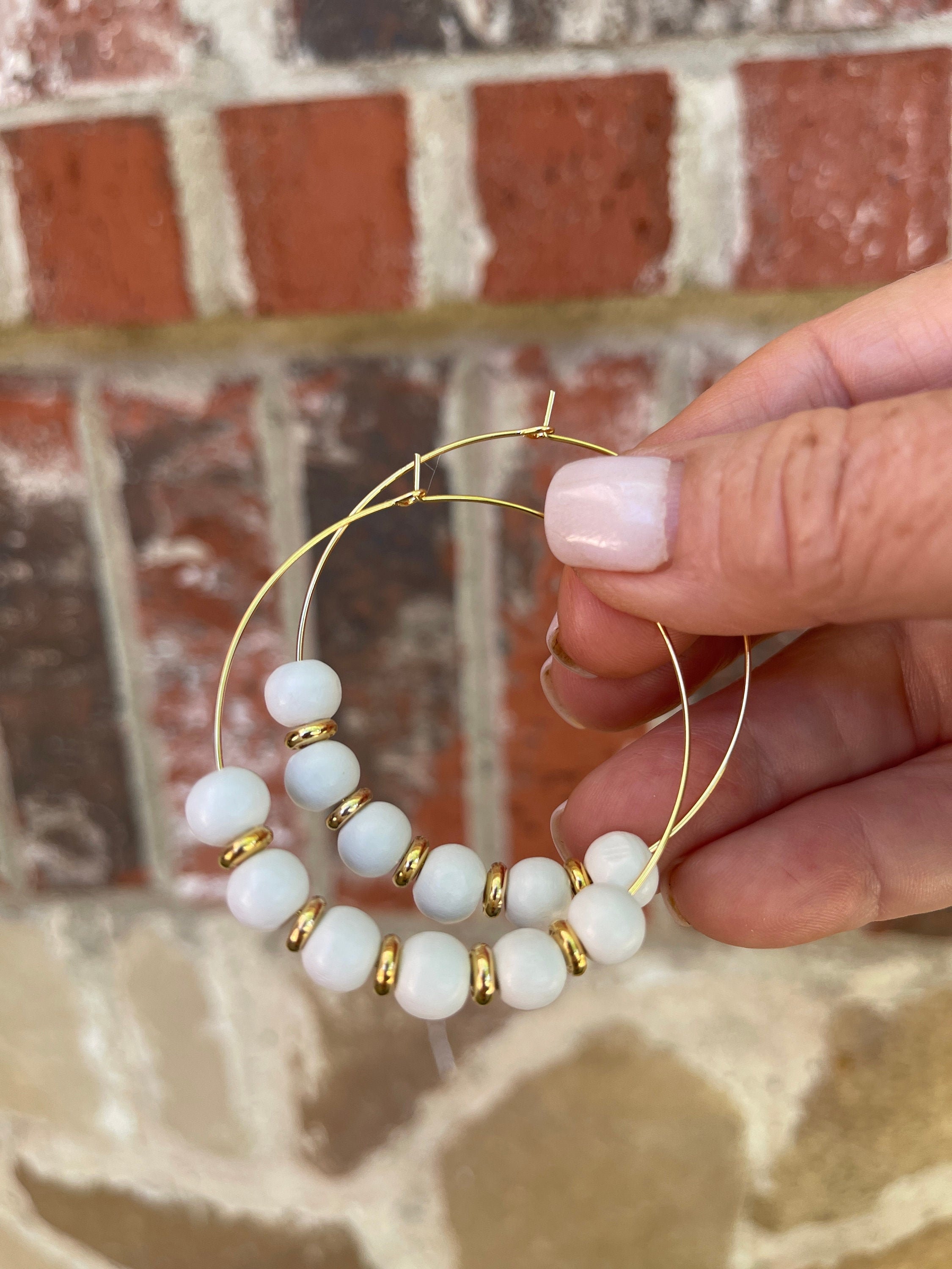 8mm White Wooden Bead Hoops Etsy