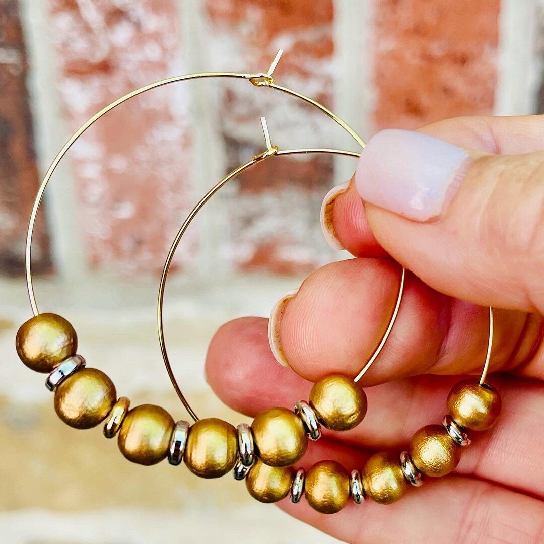 8mm Gold Wooden Bead Gold Hoops Etsy