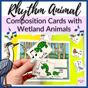 May include: A set of colorful rhythm animal composition cards featuring wetland animals like a turtle, frog, alligator, goose, beaver, and dragonfly. Each card has a picture of the animal and musical notes.
