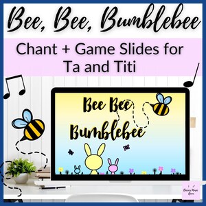 Pode incluir: Um ecrã de computador a mostrar um slide colorido com o texto "Bee Bee Bumblebee" e uma abelha de desenho animado. O slide faz parte de um canto e um jogo para crianças.