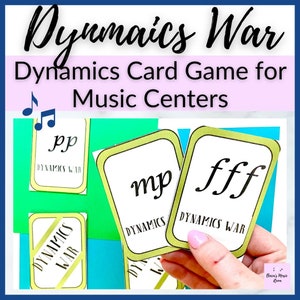 May include: A set of yellow and white cards with musical dynamic markings, such as "pp", "mp", and "fff", for a music center game called "Dynamics War".