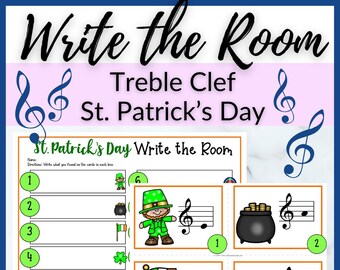 St. Patrick&#39;s Day Treble Clef Write the Room for Elementary Music Lessons // Printable for Piano Lessons, Homeschool Music Class