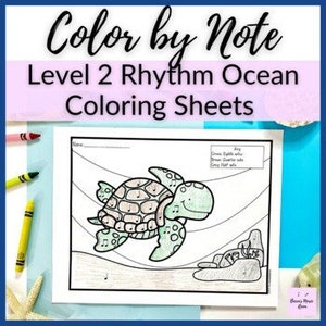 Ocean Rhythm Level 2 Color by Note Worksheets for Half Notes + Sixteenth Notes | Music Theory practice for piano lessons or homeschool music