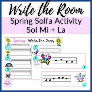 Op de afbeelding: Een afdrukbare "Schrijf de kamer"-activiteit voor het onderwijzen van muzieksolfège met behulp van de noten Sol, Mi en La. De activiteit heeft een lentethema met afbeeldingen van een zonnebloem, een vlinder, een regenboog en een vogel.