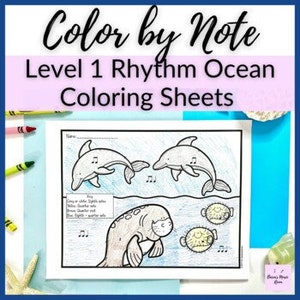 Ocean Rhythm Level 1 Color by Note Worksheets for Quarter Eighth + Rest | Music Theory practice for piano lessons or homeschool music