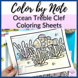 Ocean Treble Clef Staff Color by Note for Elementary Music Class | Music Theory practice for piano lessons or homeschool music