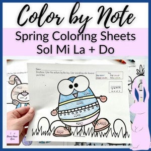 Könnte beinhalten: Malvorlagen mit einem Cartoon-Osterei mit blauem, weißem und gelbem Design. Das Ei trägt einen blau-weiß gestreiften Hut. Die Malvorlagen sind so konzipiert, dass Kinder sie nach Noten ausmalen können, wobei die Noten Sol, Mi, La und Do verwendet werden.