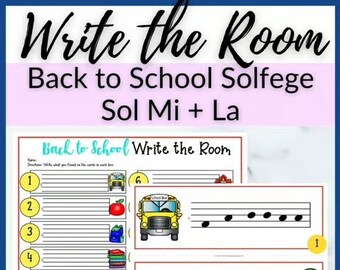 May include: A printable worksheet for a "Write the Room" activity for music education. The worksheet features a school bus, an apple, and musical notes on a staff. The title of the worksheet is "Back to School Write the Room".