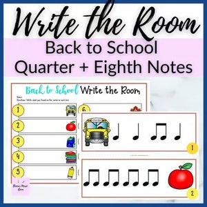 Könnte beinhalten: Ein druckbares Arbeitsblatt für eine "Schreibe den Raum"-Aktivität für den Schulbeginn. Das Arbeitsblatt enthält eine Liste von Gegenständen, die im Klassenzimmer zu finden sind, wie z. B. ein Schulbus, ein Bleistift und ein Apfel. Es gibt auch zwei Karten mit Achtelnoten darauf.