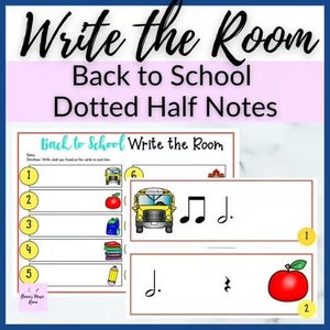 Könnte beinhalten: Eine druckbare "Schreibe den Raum"-Aktivität für den Schulbeginn. Das Arbeitsblatt zeigt einen Schulbus, einen Apfel, einen Bleistift und einen Stapel Bücher. Die Karten zeigen Noten und den Text "Zurück zur Schule Schreibe den Raum".