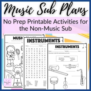 May include: A set of black and white printable music worksheets titled Music Sub Plans, No Prep Printable Activities for the Non-Music Sub. The pages feature word searches, instrument labeling exercises with a word bank, and line art illustrations.