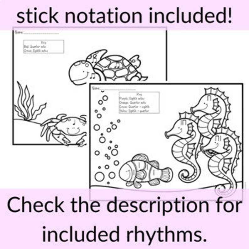 Ocean Rhythm Level 1 Color by Note Worksheets for Quarter Eighth + Rest ...