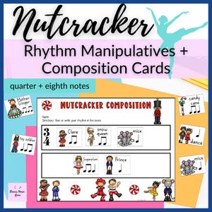 Op de afbeelding: Een afdrukbare muziekcompositiespelletje met een Notenkraker-thema voor kinderen. Het werkblad bevat een titel, instructies en ruimte voor leerlingen om hun ritme te plakken of te schrijven met behulp van kwartnoten en achtste noten. Het werkblad bevat illustraties van personages uit het Notenkraker-ballet, waaronder Clara, de Sneeuwkoningin, de Muizenkoning en de Suikerfee.