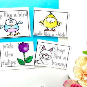 May include: Four printable cards with black and white illustrations and text. The cards feature a blue bird, a yellow chick, a white bunny, and a purple tulip. The text on the cards reads "flap like a bird", "walk like a chick", "hop like a bunny", and "pick the tulips".