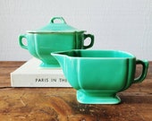 Art deco cream and sugar bowls. Green mid century pottery set.